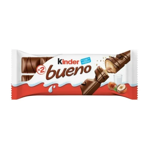 Kinder Bueno Milk Chocolate and Hazelnut Cream Candy Bars, Single Pack contains 2 Individually Wrapped Bars, 2 Bars Per Pack (43g)