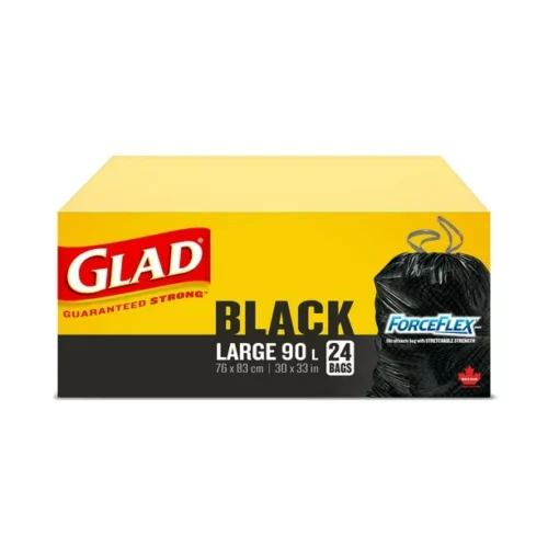 Glad Black Garbage Bags - Large 90 Litres - ForceFlex, Drawstring, 24 Trash Bags,